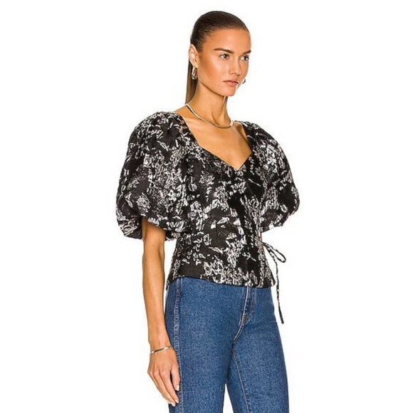 JONATHAN SIMKHAI Taylor Puff Balloon Sleeve Faux Wrap Black Metallic Top Size 4 - Picture 3 of 12